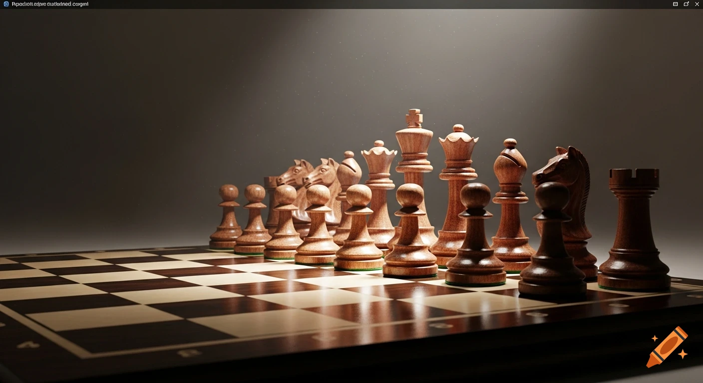 A dramatic, photorealistic close-up of a wooden chess set arranged on a chessboard with warm lighting.