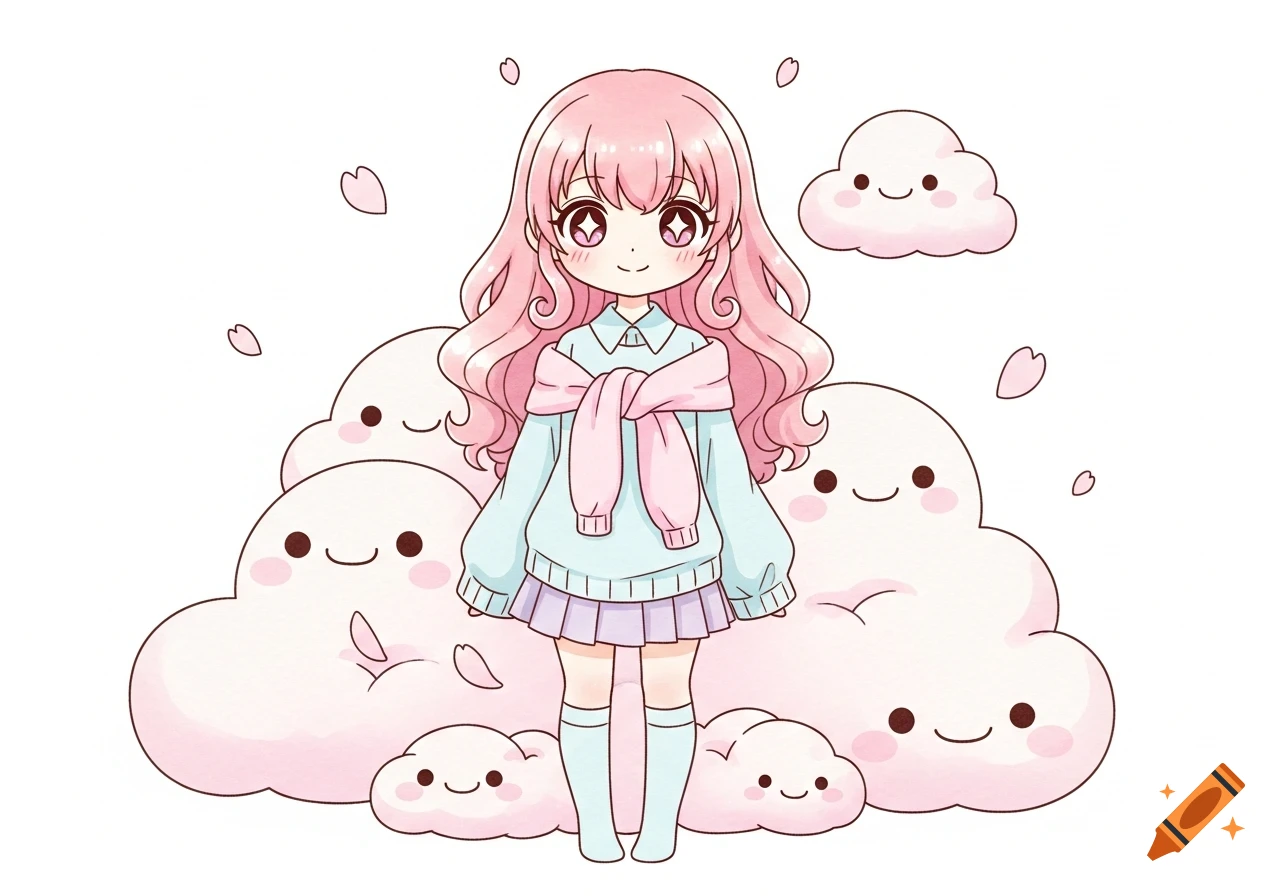 A pink-haired anime girl in a light blue sweater and purple skirt stands among smiling pink and white clouds with floating cherry blossoms.