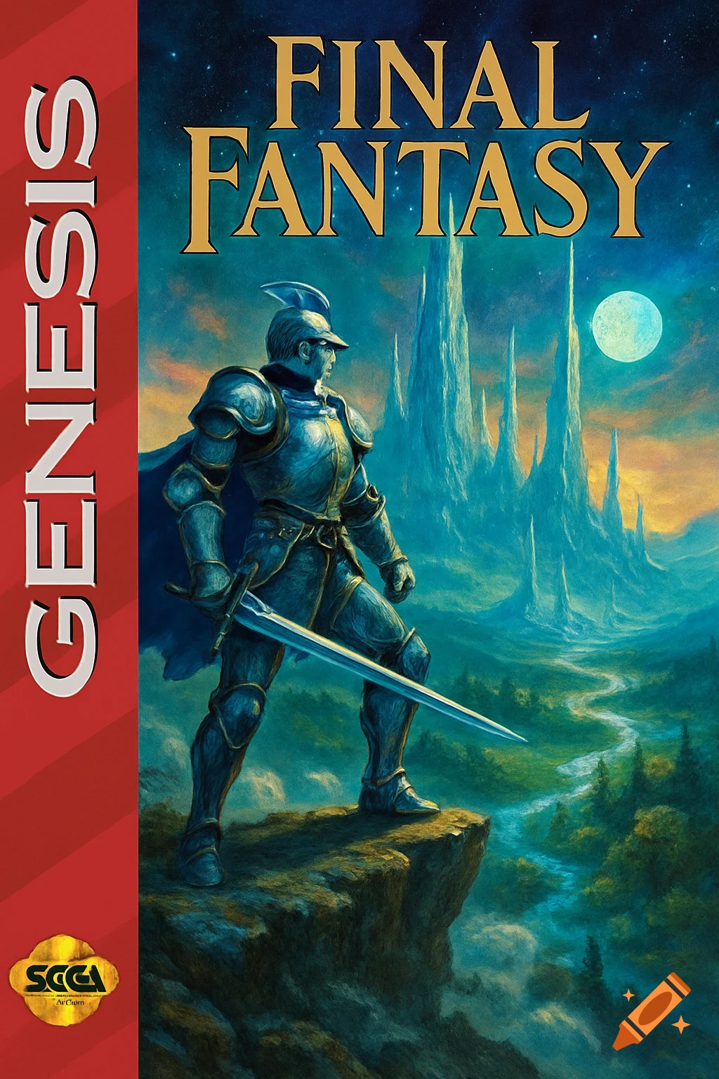 A knight in blue armor stands on a cliff with a sword, overlooking a fantasy landscape with spires and a river under a full moon. Text reads "FINAL FANTASY" and "GENESIS".