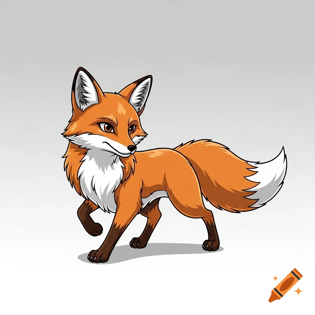 A stylized cartoon fox with vibrant orange and white fur and dark brown paws, standing and looking to the right with a curious expression.