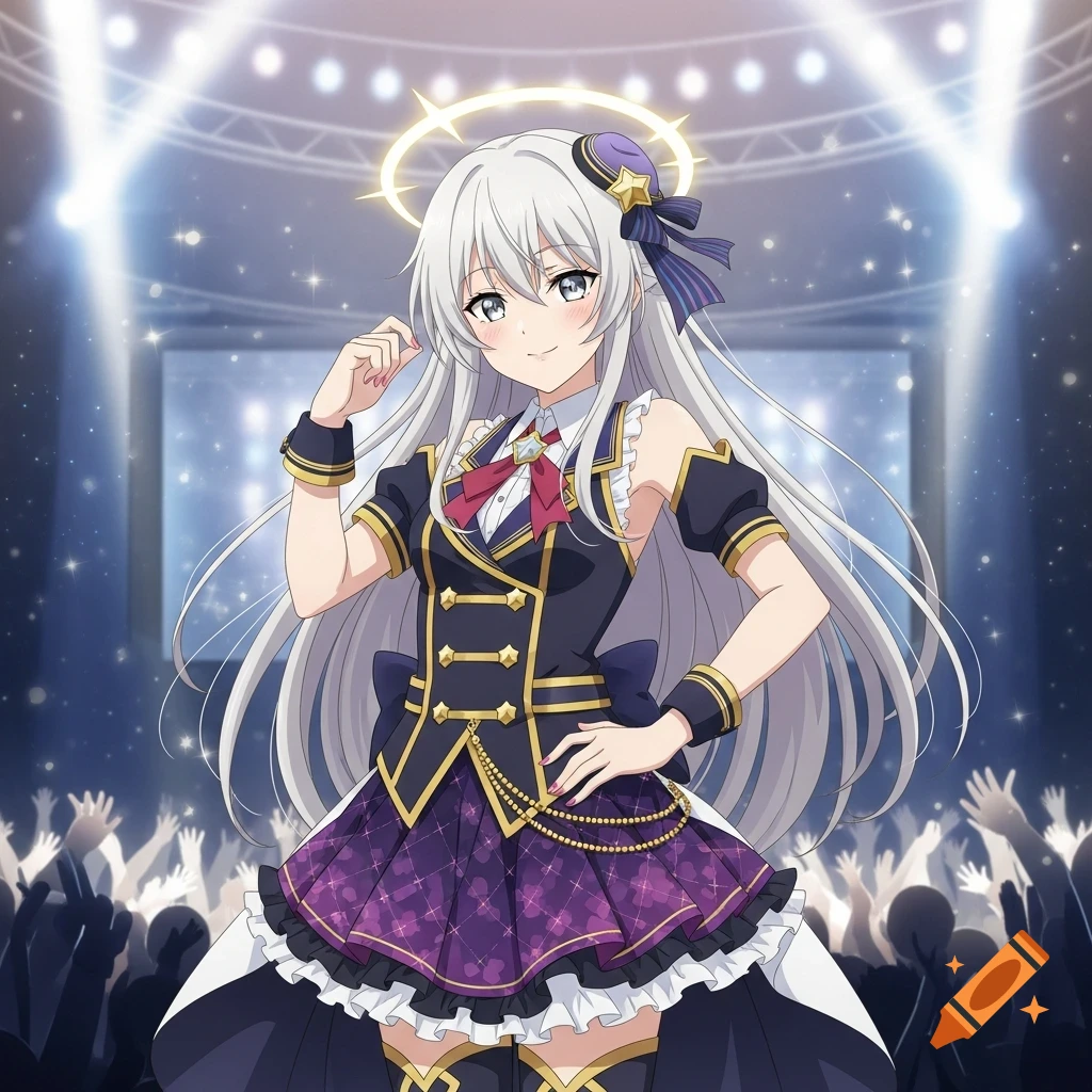 An anime idol with long white hair and a halo stands on a brightly lit stage in a dark purple and gold uniform, with a cheering crowd below.