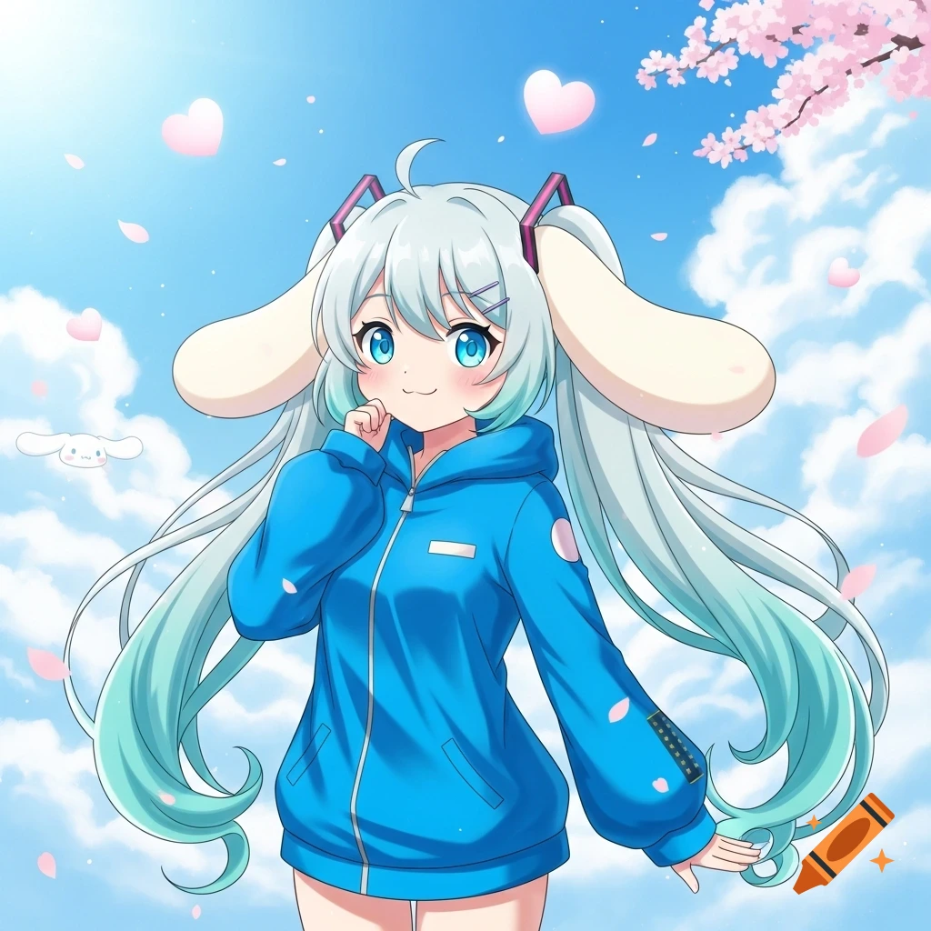 An anime girl with blue hair and Cinnamoroll ears in a blue hoodie, with cherry blossoms and a small Cinnamoroll in the sky.
