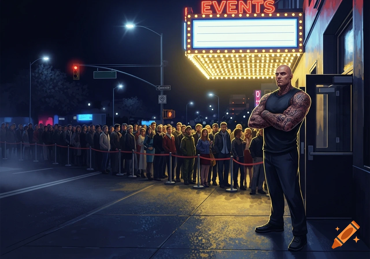 A muscular bouncer with tattooed forearms stands outside a brightly lit event venue at night, as a long line of people waits to enter. Illustration.