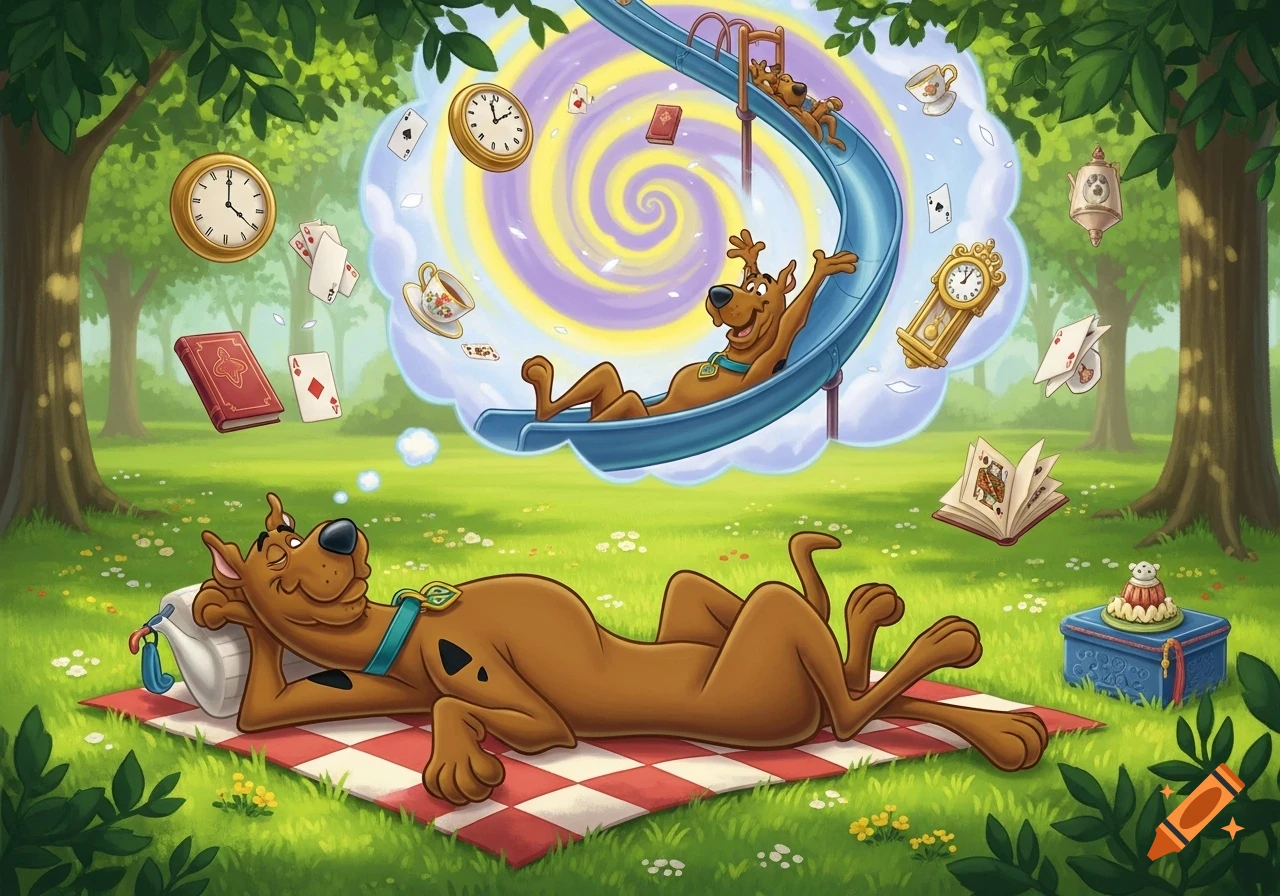 Scooby-Doo sleeps on a red and white picnic blanket in a park, dreaming of happily sliding down a blue slide surrounded by floating clocks, cards, books, and teacups.