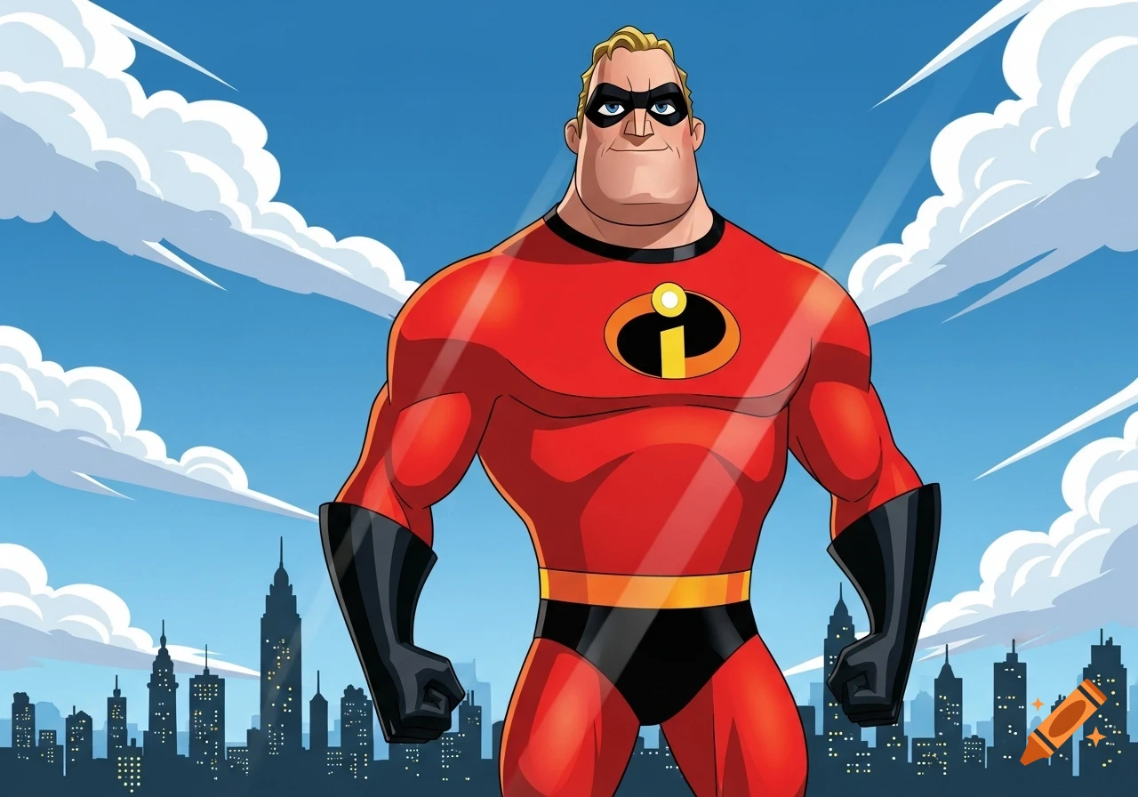 Mr. Incredible stands confidently in his red superhero suit against a blue sky with clouds and a city skyline.