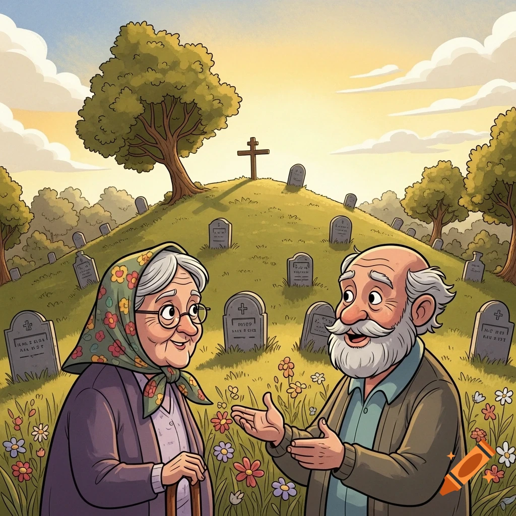 An old man and woman in a cartoon style talk in a cemetery with a hill, gravestones, and a wooden cross at sunset.