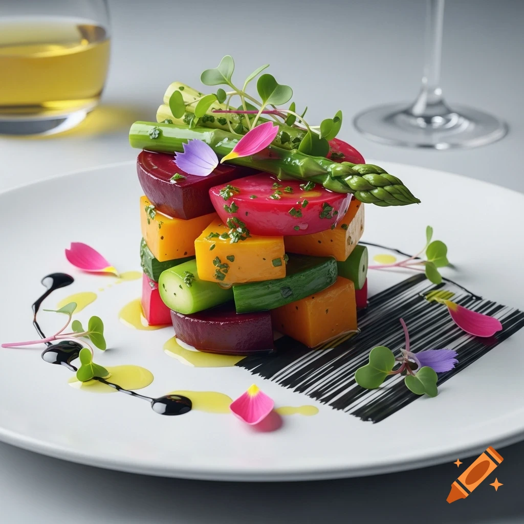 Close-up of a gourmet vegetarian entree: stacked colorful vegetable cubes, asparagus, microgreens, and edible flowers on a white plate with sauces.