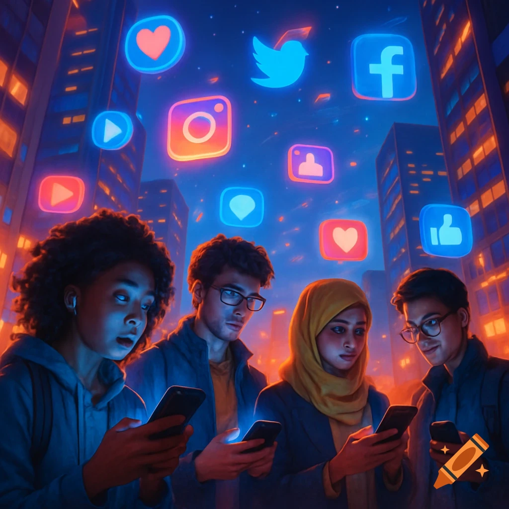 Four young adults intently looking at their smartphones at night, with glowing social media icons floating above a futuristic city.