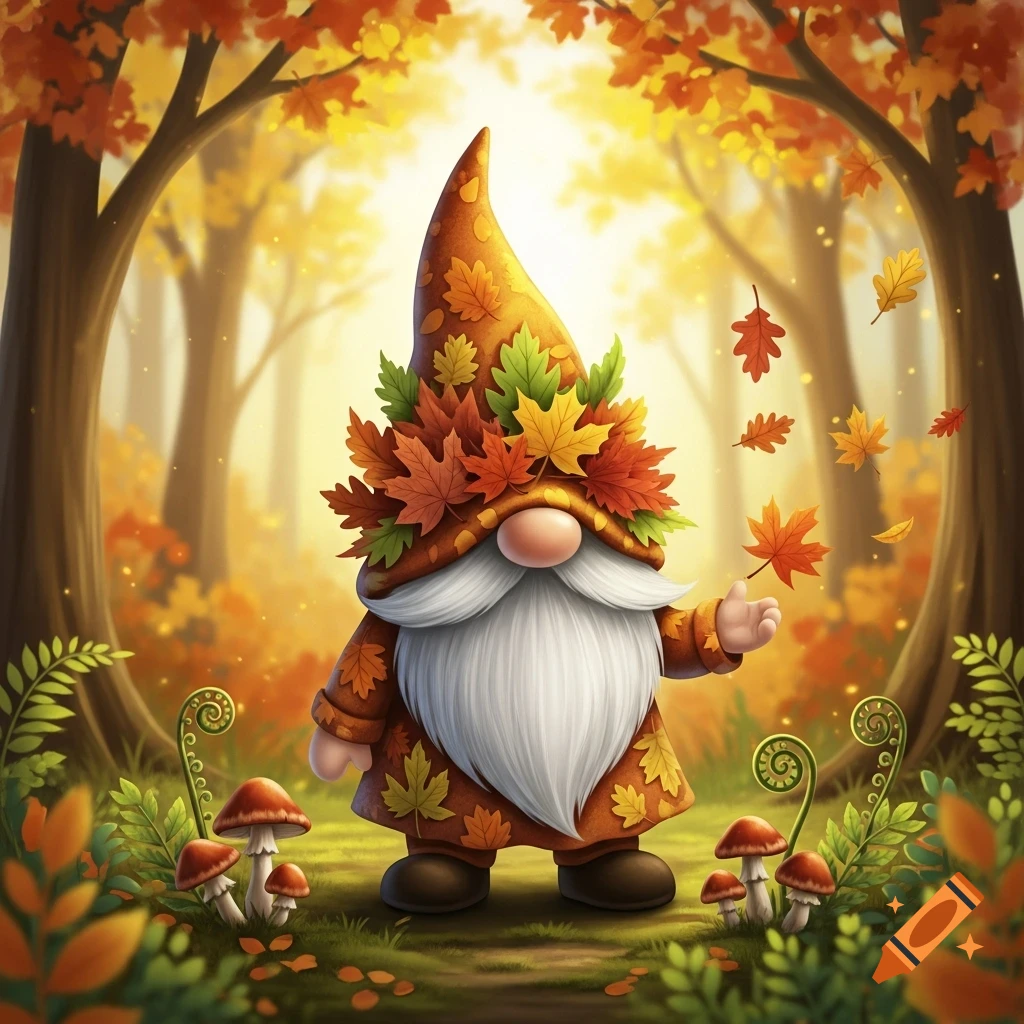 A cute gnome adorned with autumn leaves stands in a vibrant forest with mushrooms, fall leaves falling around.