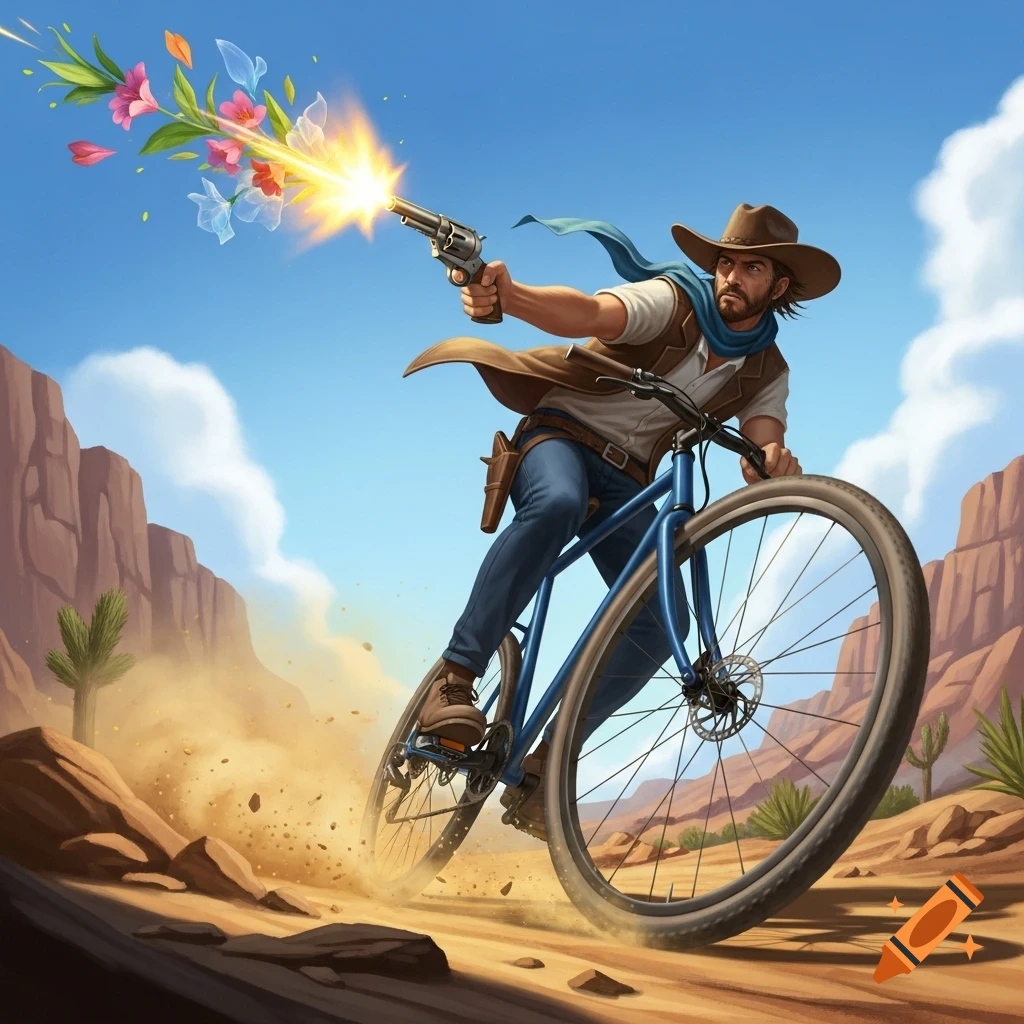 A cowboy in a desert rides a blue gravel bicycle while firing a revolver that shoots colorful flowers and petals.