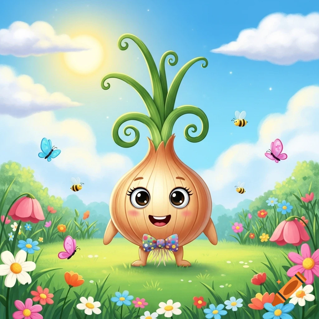 A cute cartoon onion character with a bow tie smiles in a vibrant field of colorful flowers, butterflies, and bees under a sunny sky.