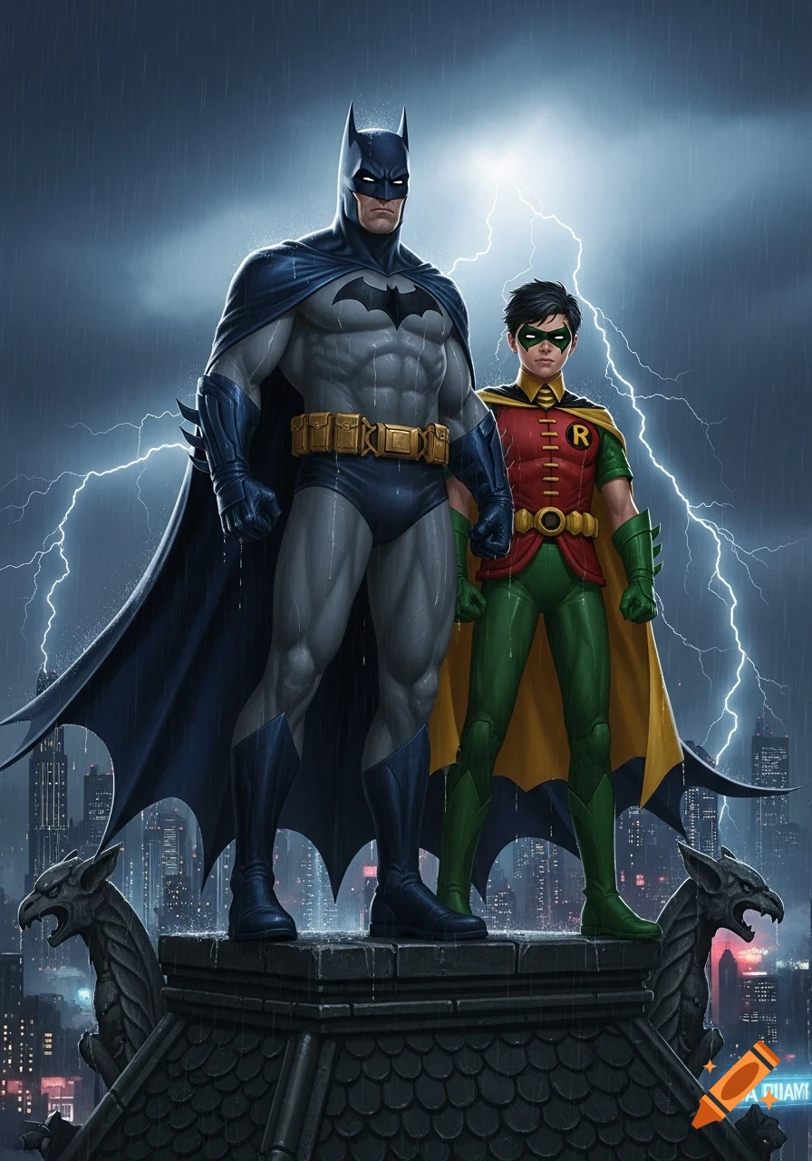 Batman and Robin stand on a gargoyle-adorned rooftop overlooking a rainy, lightning-struck cityscape at night.