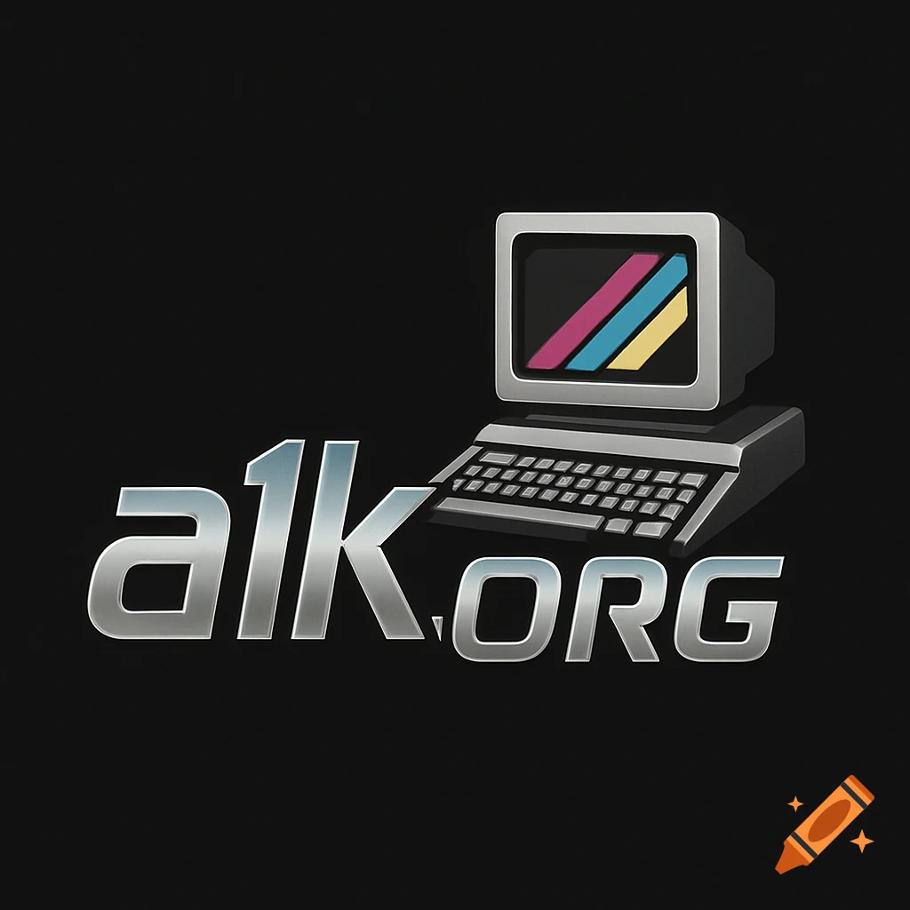A metallic logo with the text "a1k.org" next to a retro computer featuring a screen with colorful diagonal stripes.