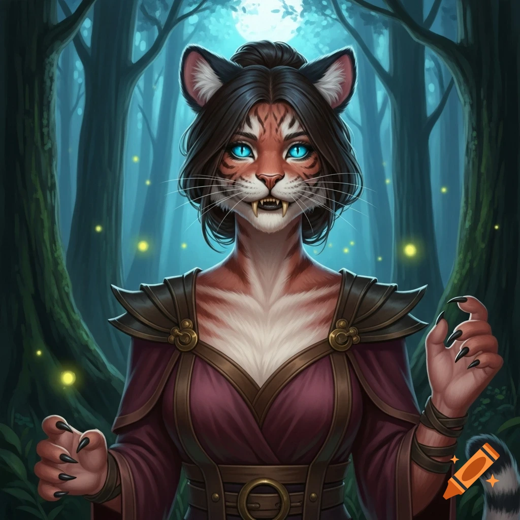 A fantasy portrait of an anthropomorphic female cat-like creature with dark hair, blue eyes, fangs, and tiger stripes, in a dark forest.