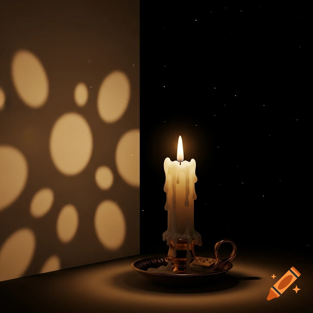A lit white candle with melted wax in a golden holder, casting oval light patterns on a dark wall.