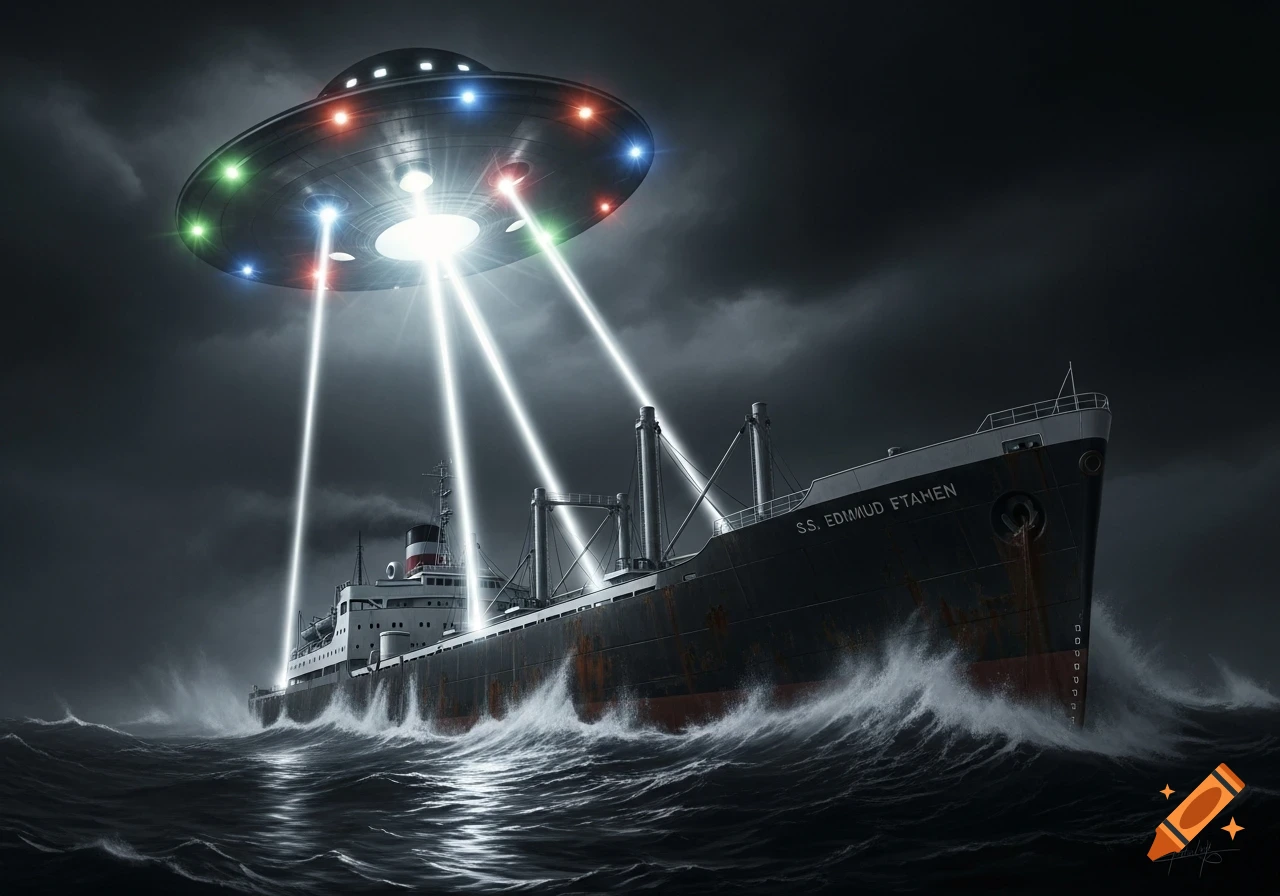 A dark, dramatic image of a flying saucer with colorful lights beaming down on a large cargo ship in a stormy ocean.