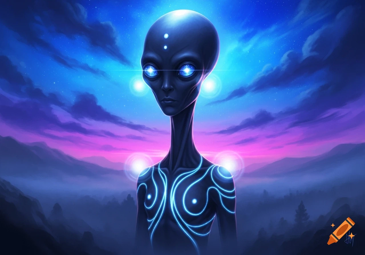 A grey alien with glowing blue eyes and luminous patterns on its body stands against a vibrant purple and blue cosmic sky over mountains, digital art.