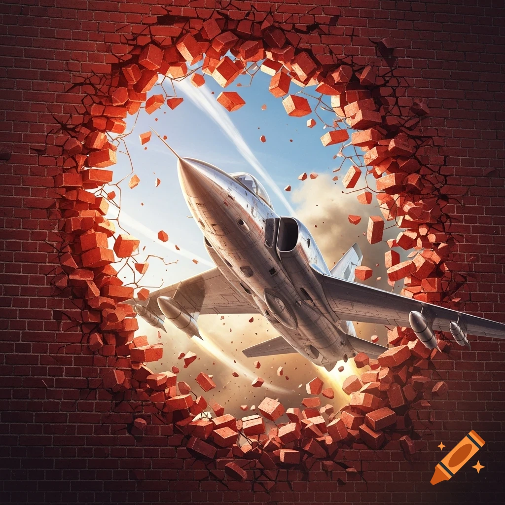Photorealistic silver jet plane bursting through a red brick wall, sending bricks flying into the sunny sky.