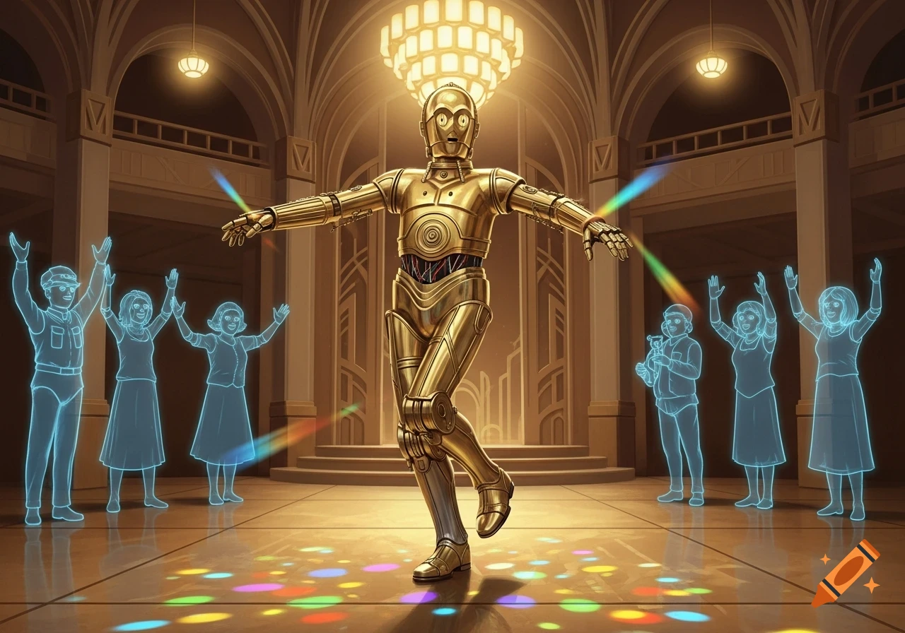 C-3PO tap dances with outstretched arms on a disco-lit floor, watched by a glowing blue holographic audience in a grand hall.