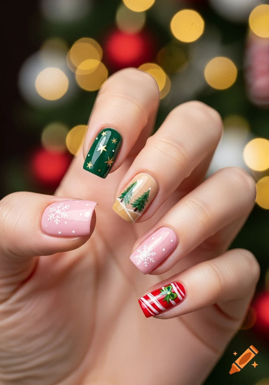 A hand with festive Christmas nail art, featuring designs like stars, trees, snowflakes, and candy cane stripes, against a blurred background of holiday lights.