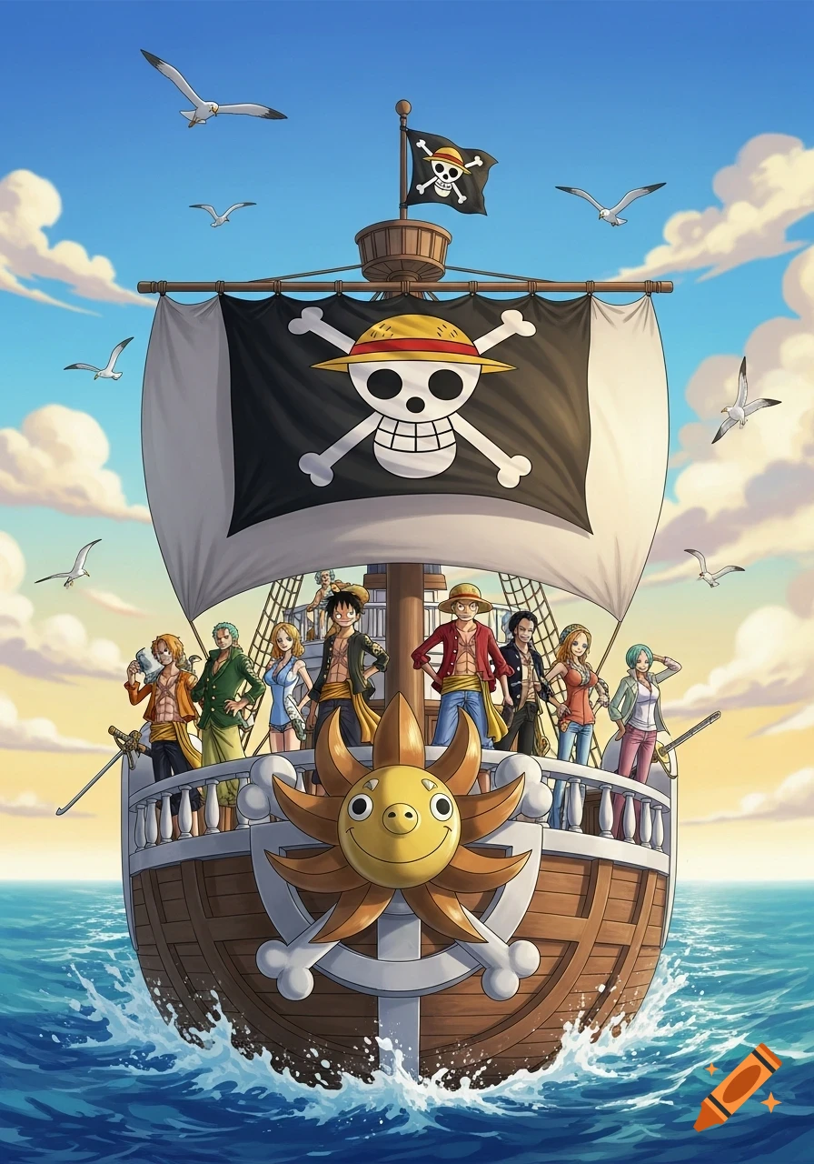 The Straw Hat Pirates from One Piece on their ship, Thousand Sunny, sailing under a sunny sky with seagulls. Anime style.