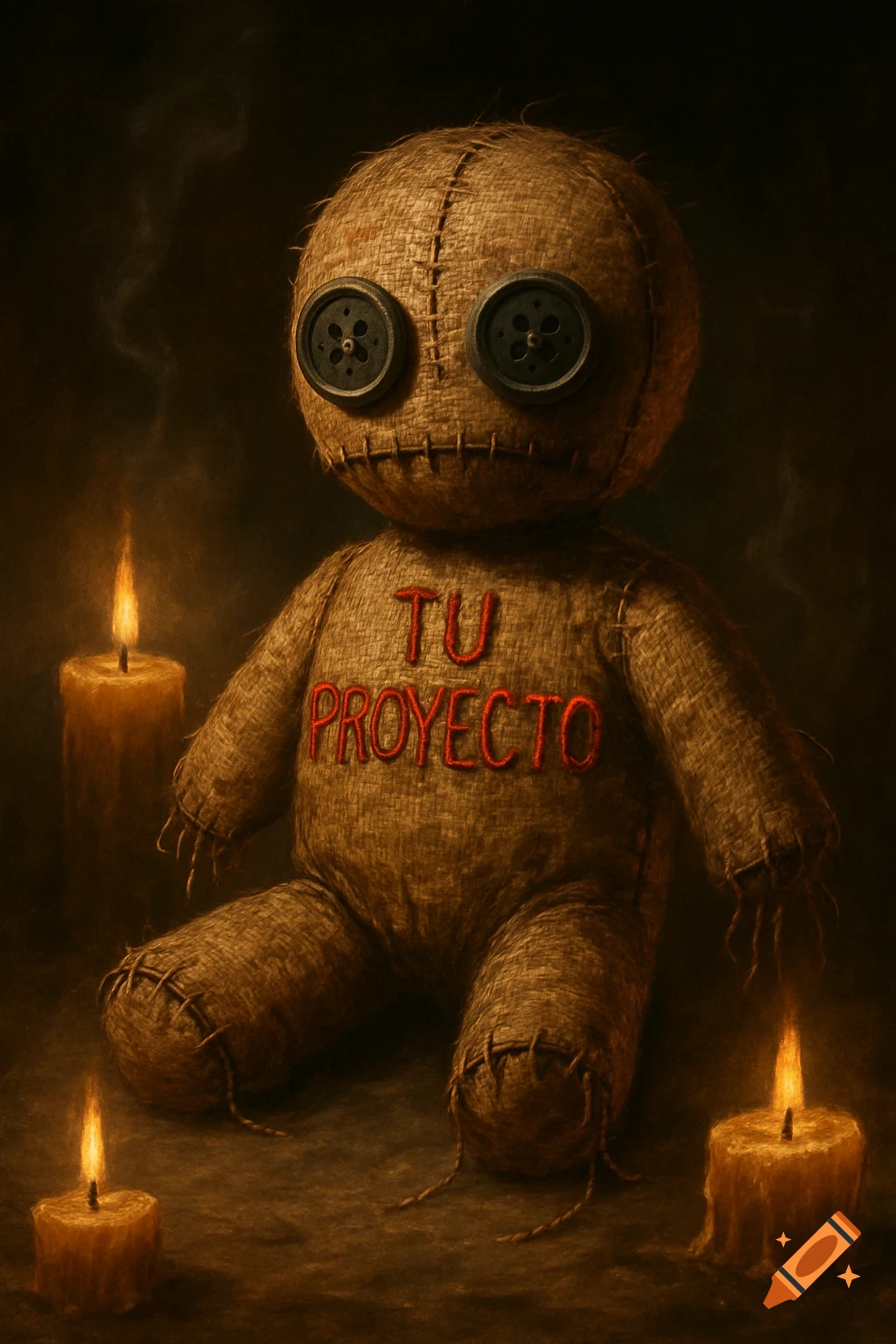 A burlap voodoo doll with button eyes sits in a dark setting, surrounded by three lit candles. The doll has 'TU PROYECTO' embroidered in red on its chest.