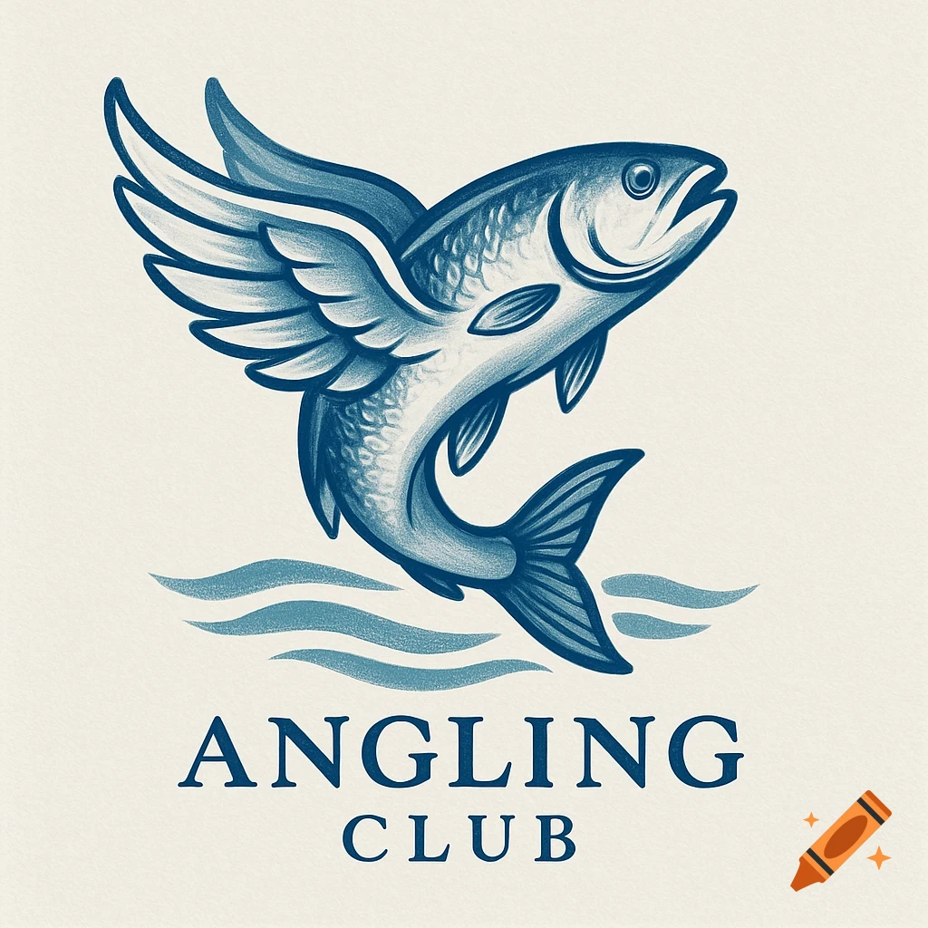 Blue stylized logo of a winged fish leaping over waves, with the text 'Angling Club' below.