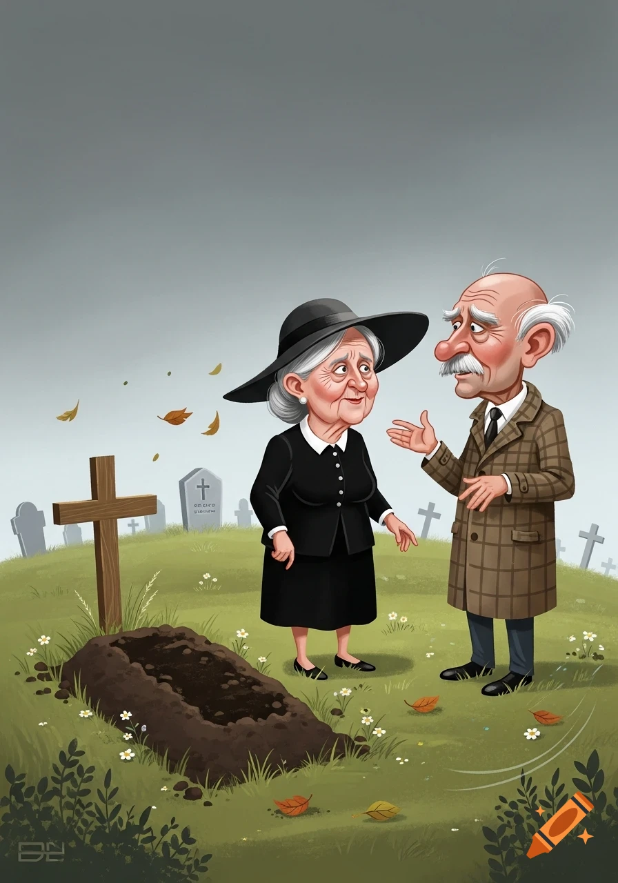 Two elderly people, a woman in black and a man in a plaid coat, converse at a fresh grave with a wooden cross in a cartoon cemetery.