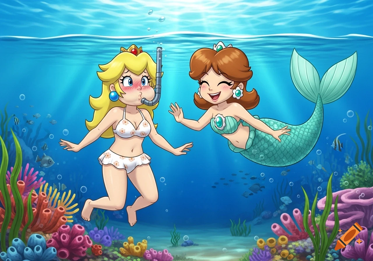 Cartoon illustration of Princess Peach in a bikini holding her breath underwater with a snorkel, next to a mermaid Princess Daisy laughing.
