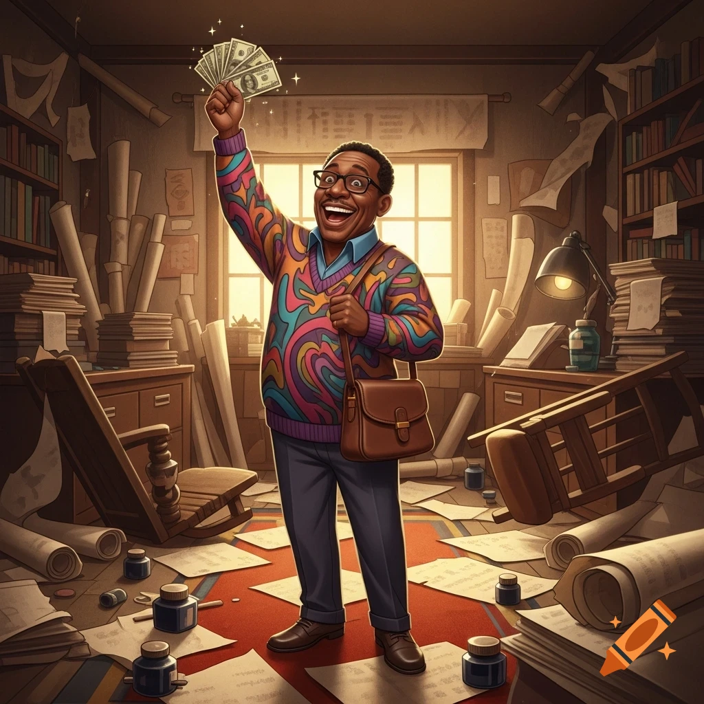 Cartoon of an excited African American man in a colorful sweater, holding up dollar bills in a messy, paper-filled office.