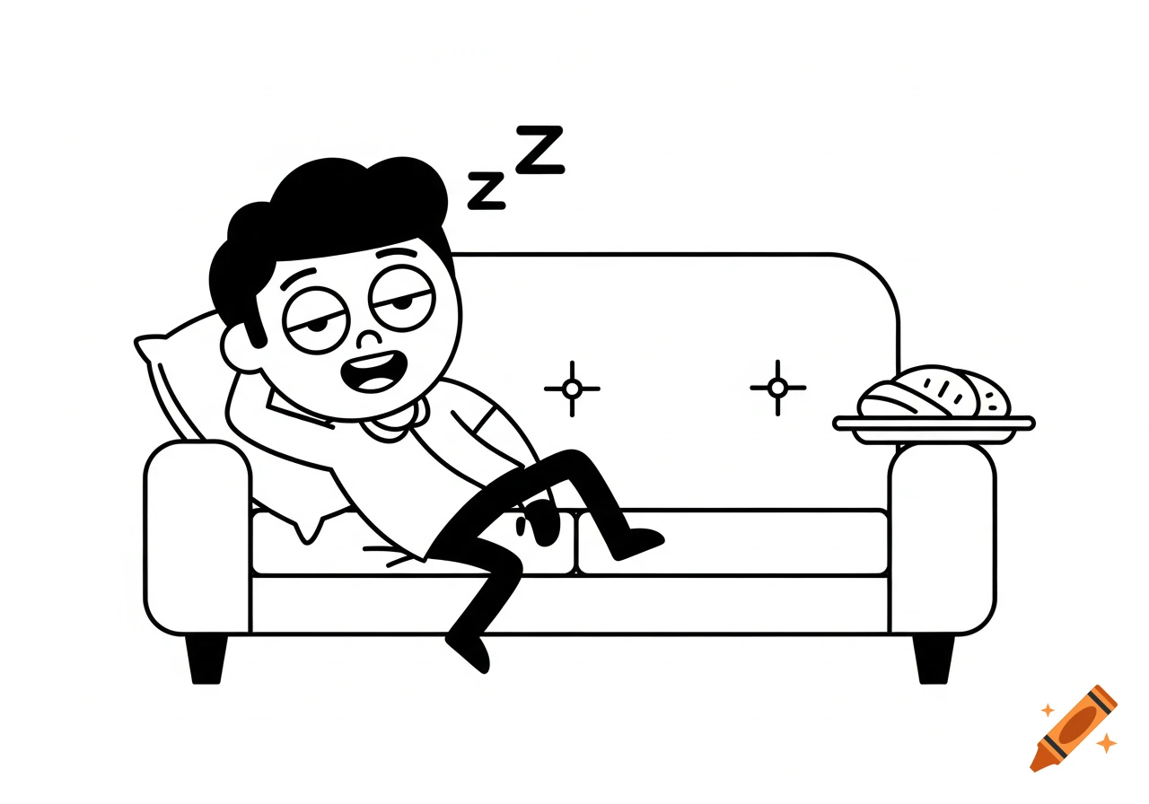 Black and white cartoon of a person in a food coma, lying on a couch with ZzZ symbols and a plate of food nearby.