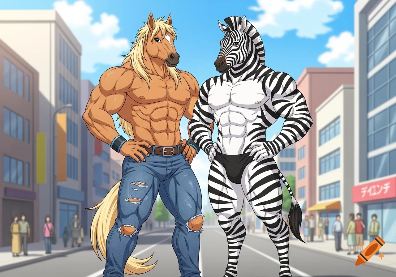 An anime-style drawing of a muscular anthropomorphic horse in ripped jeans and a muscular anthropomorphic zebra in a speedo posing on a city street.
