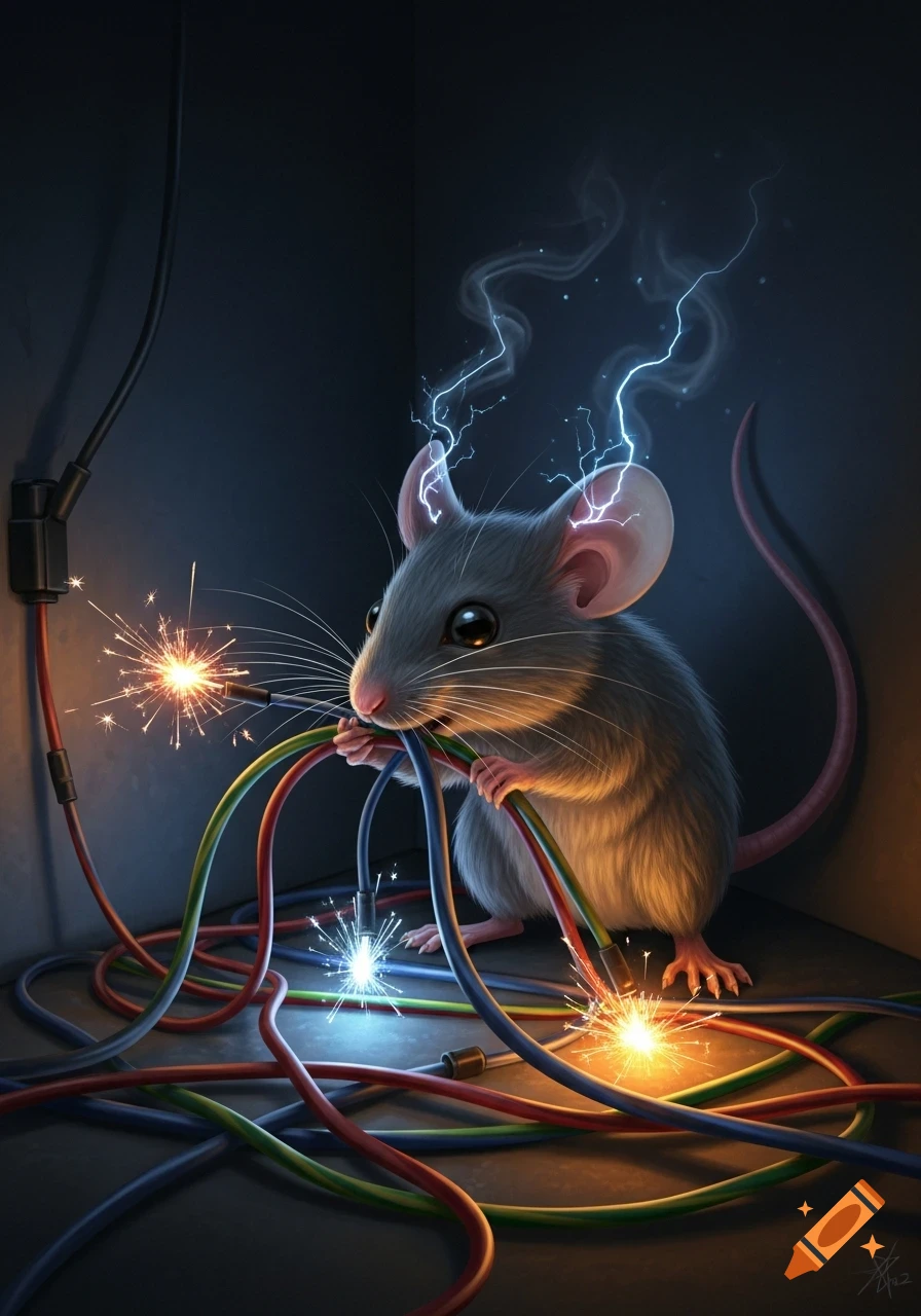 A cute grey mouse with large eyes chews through a tangle of colorful wires, causing sparks and electric arcs to fly from its head and the wires in a dark corner.