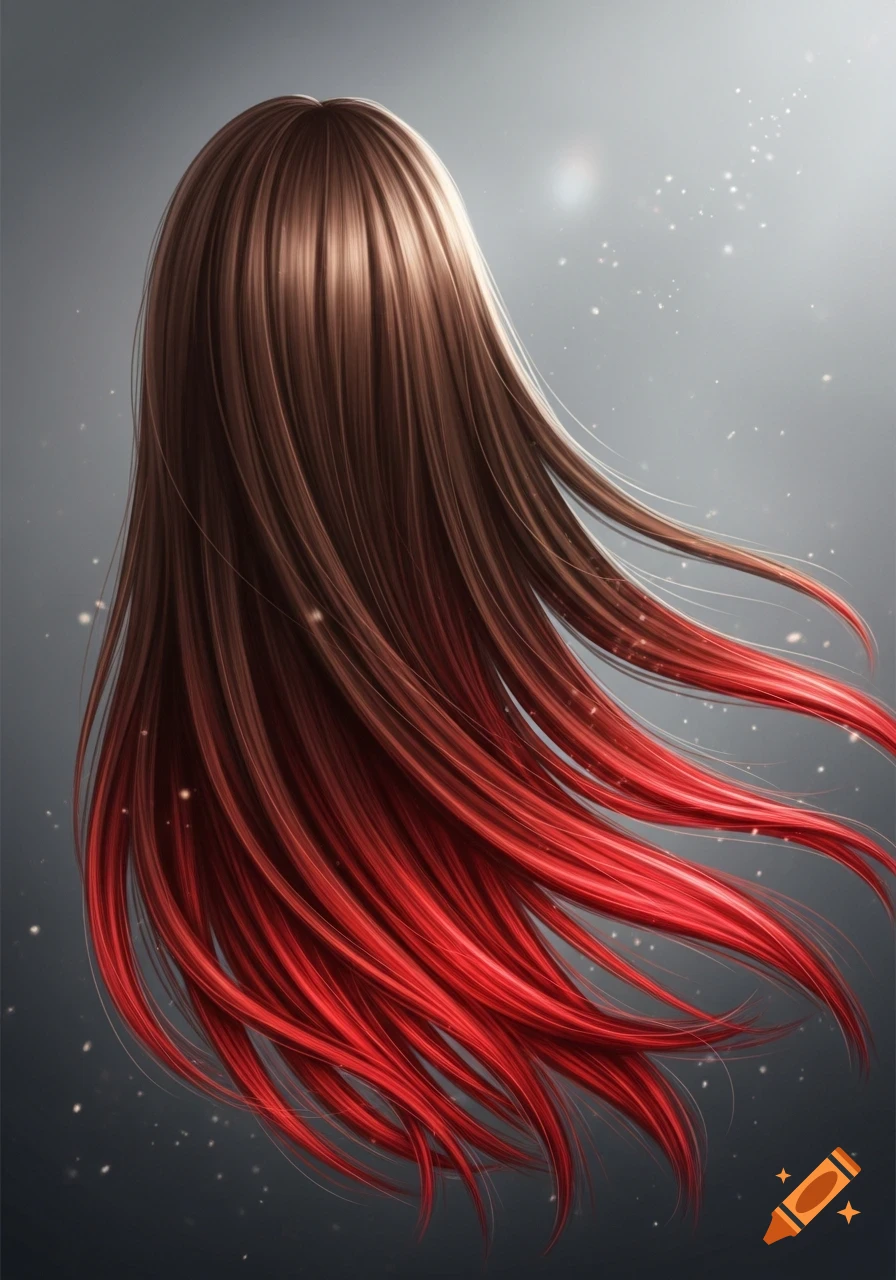 Long, flowing brown hair with vibrant red tips, against a dark, sparkling background.