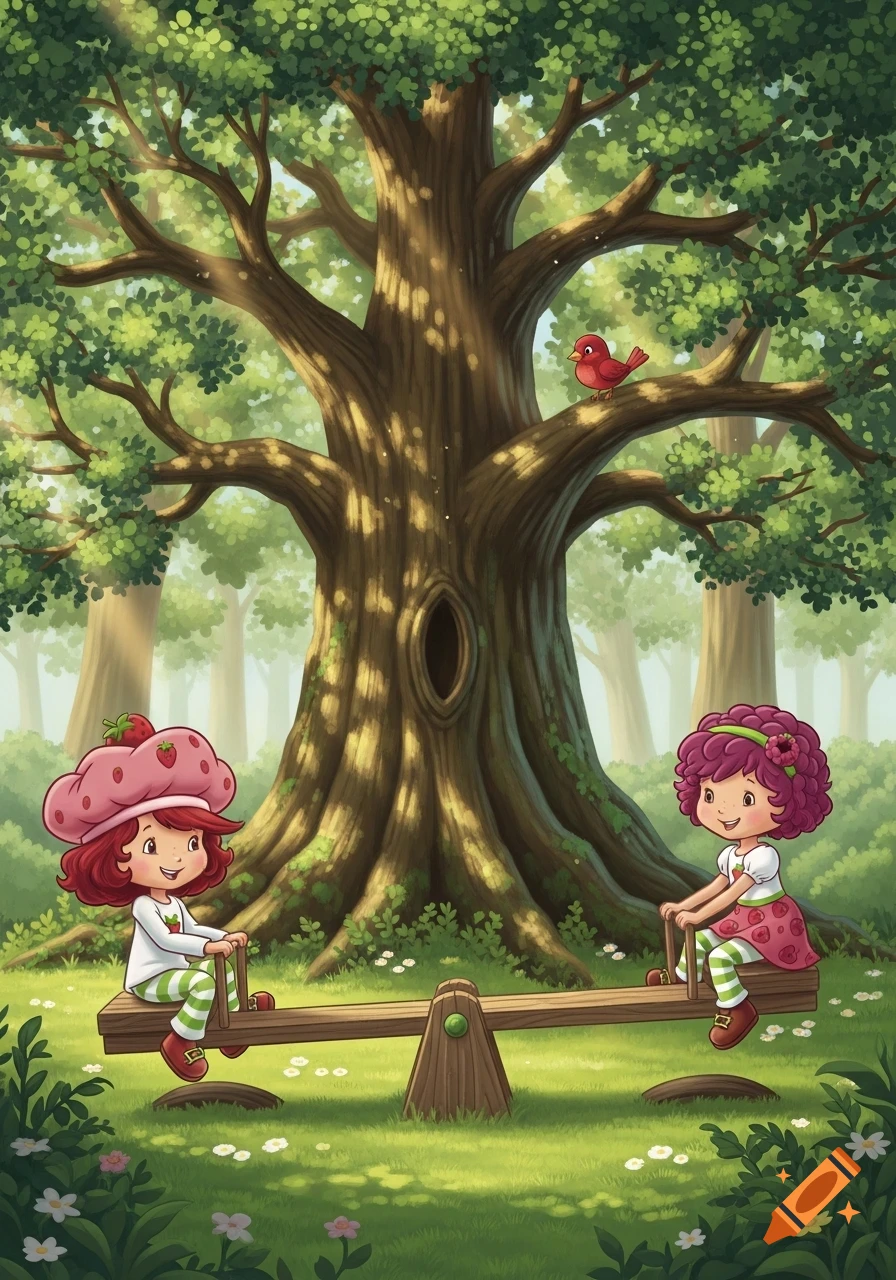Strawberry Shortcake and Raspberry Tart play on a seesaw next to a giant tree with a red bird in a sunny, illustrated forest.