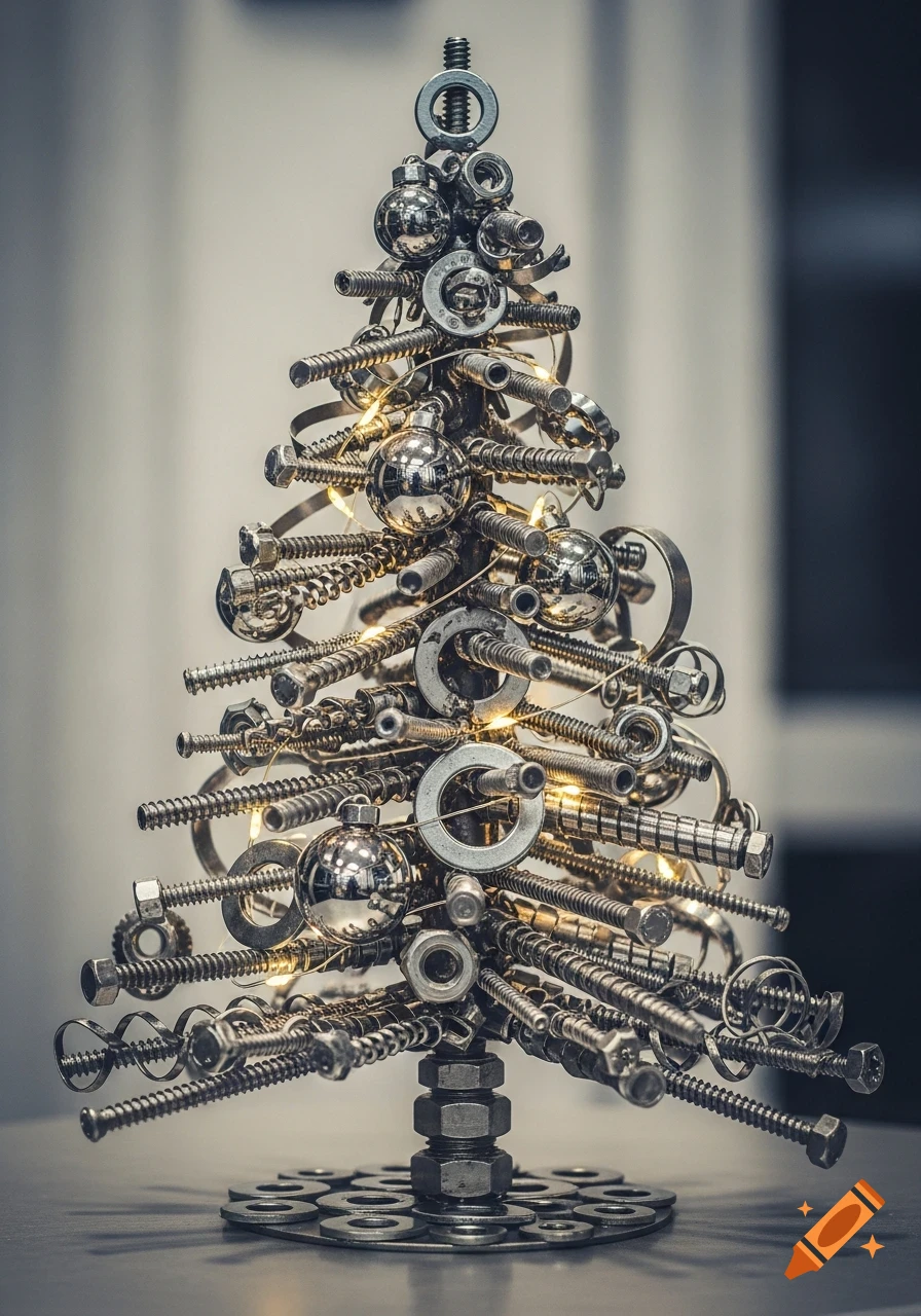 A close-up of a unique Christmas tree made entirely from silver metal ...
