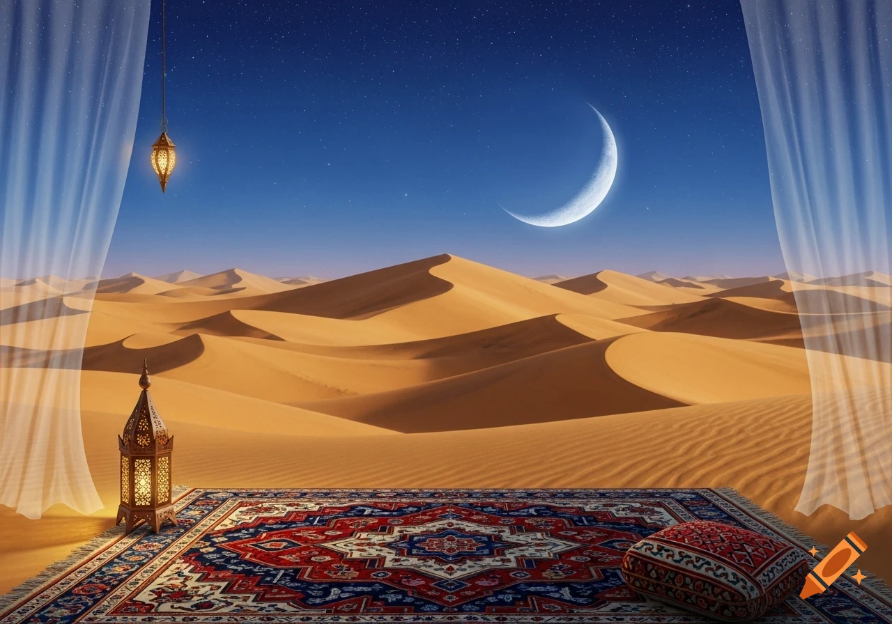 A desert landscape at night with sand dunes under a starry sky and a crescent moon, viewed from a tent with a patterned rug, traditional lantern, and cushion.