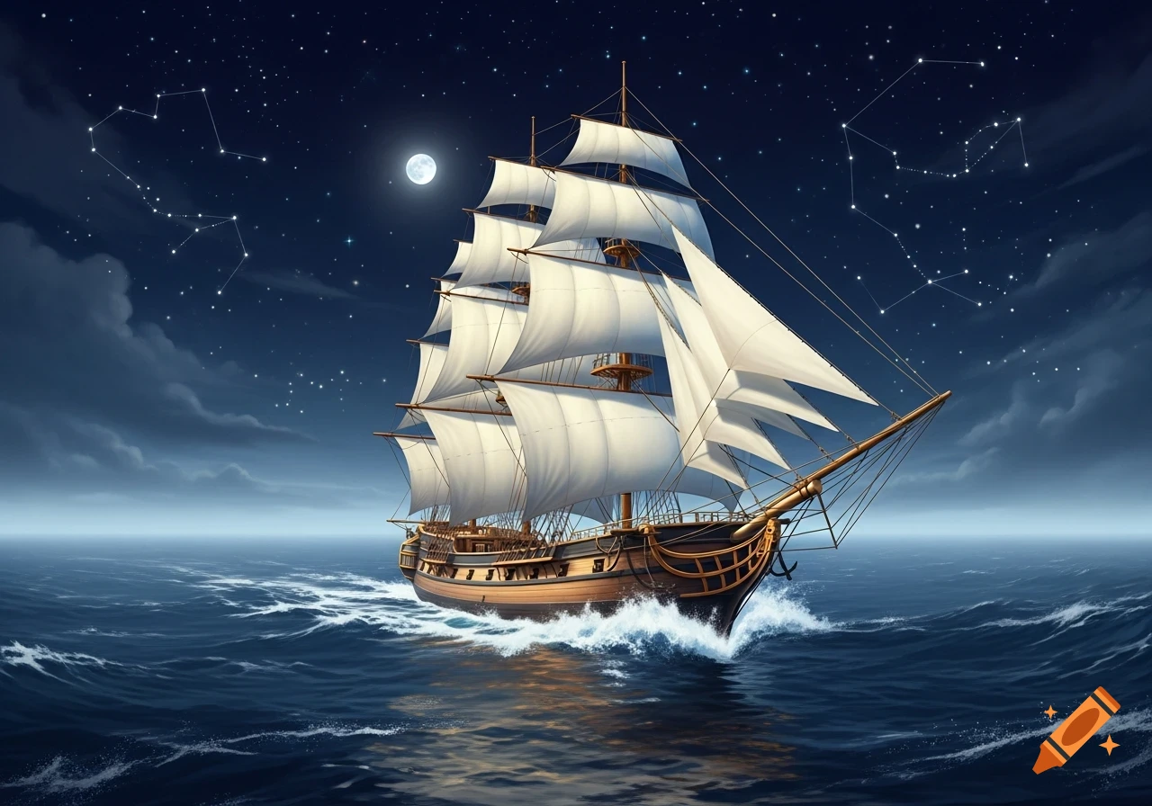 A large sailing ship with white sails glides across a dark ocean under a full moon and starry night sky with constellations.