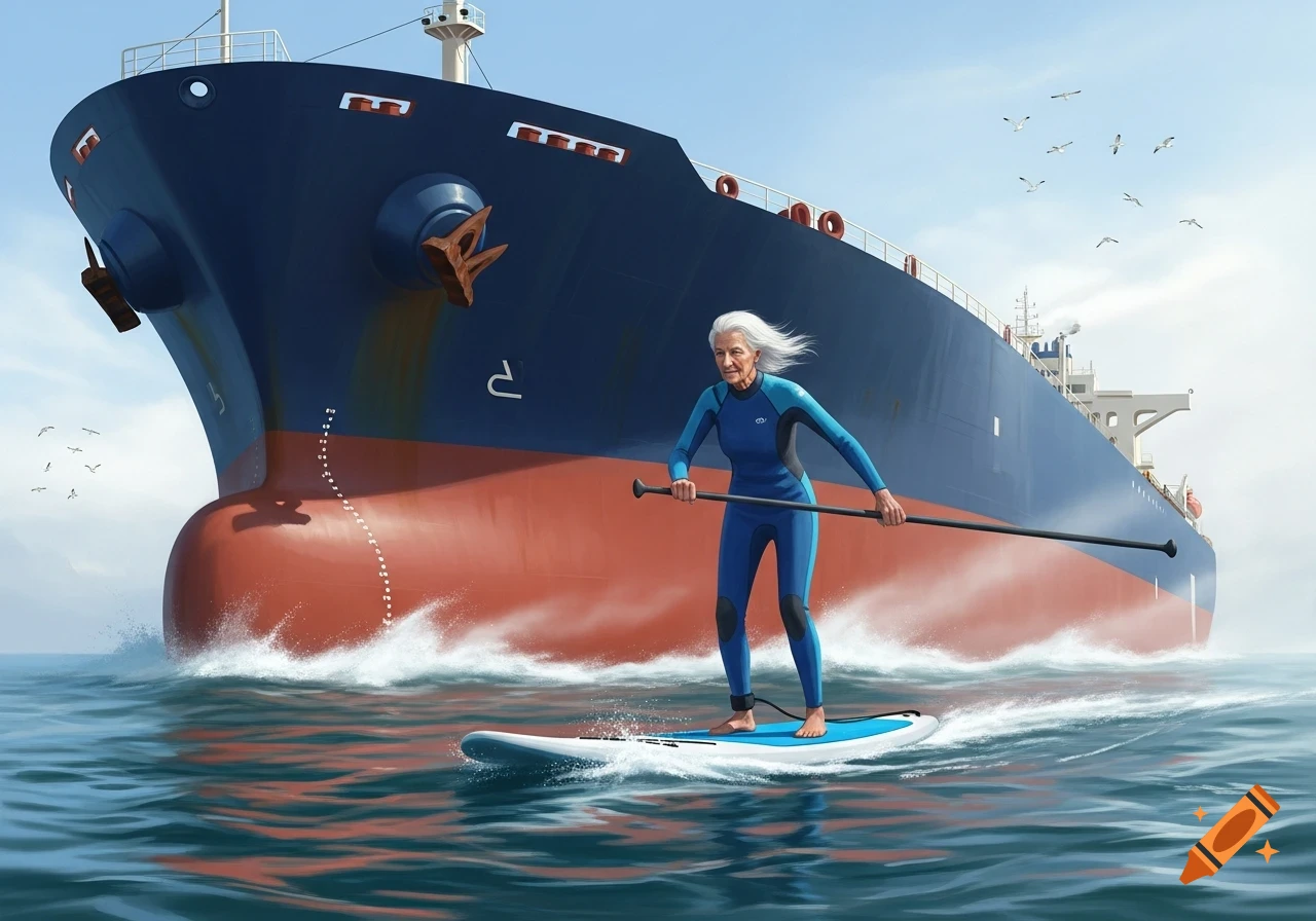An elderly woman with white hair paddleboards in the ocean in front of a massive blue and red oil tanker under a clear sky.