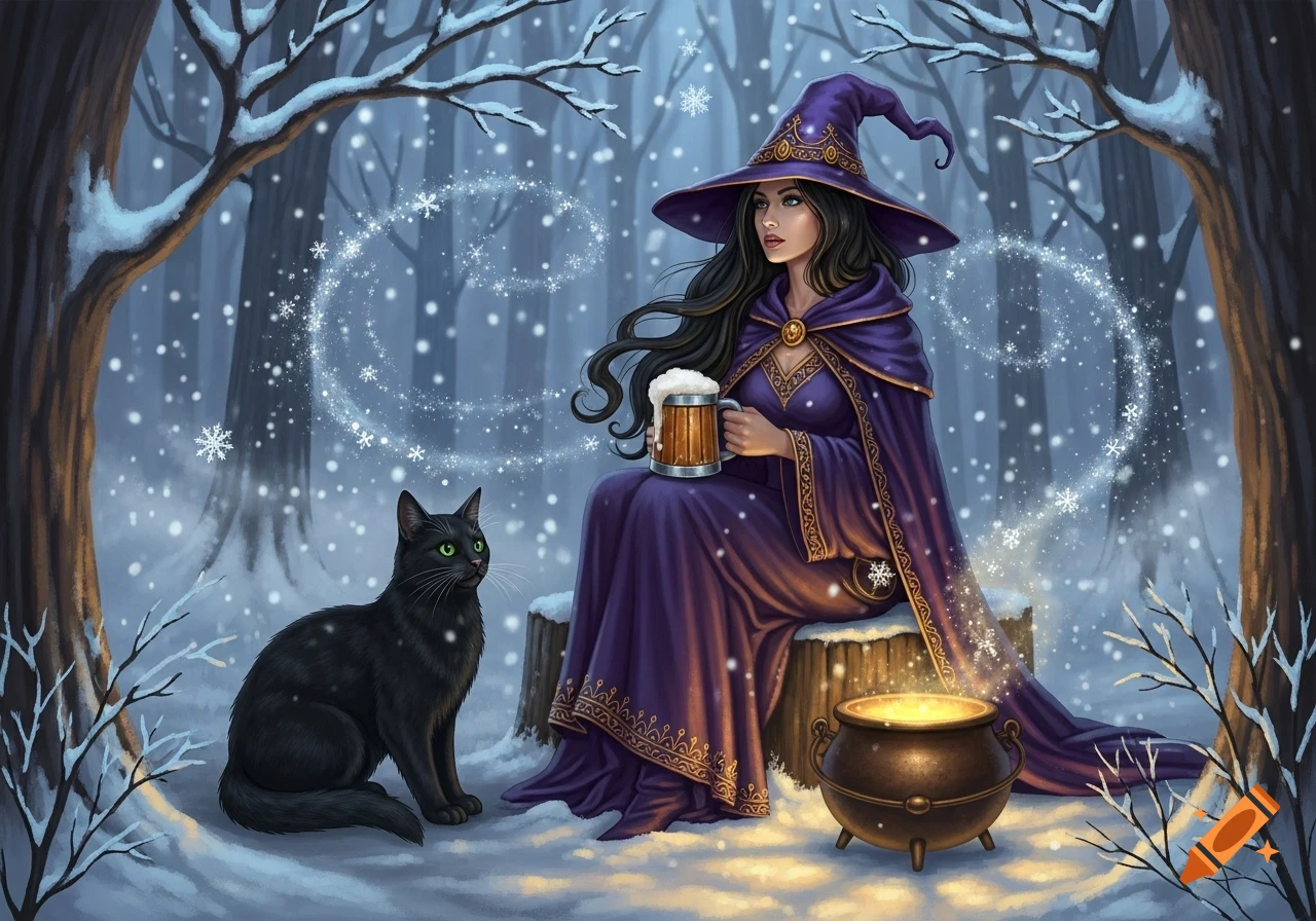 A witch in purple sits with a black cat in a snowy forest, holding a mug next to a glowing cauldron.
