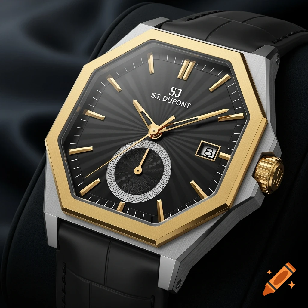 Close-up of a silver and gold hexagonal S.T. Dupont luxury watch with a black dial, gold markers, and a black leather strap.