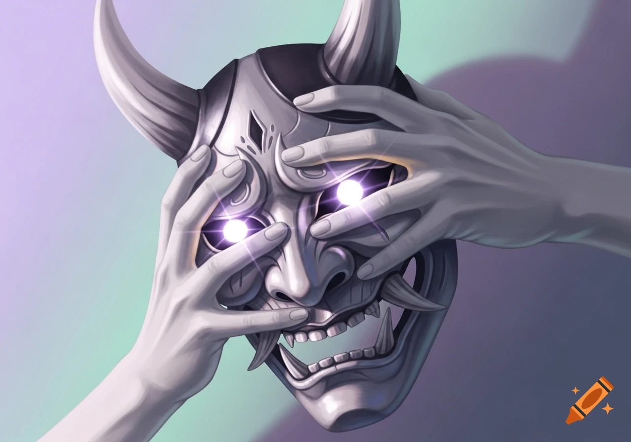Stylized Oni demon mask with glowing purple eyes, held by hands covering its face.
