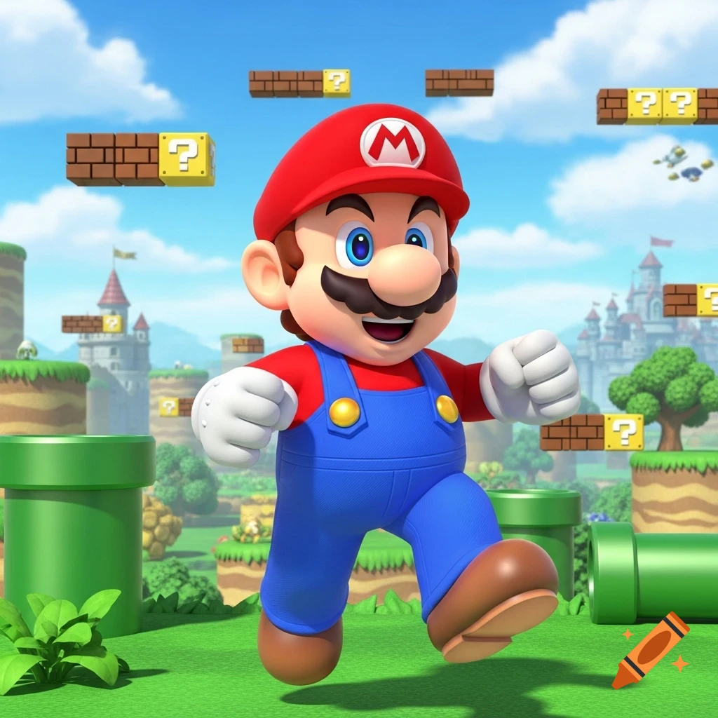 3D render of Mario in a vibrant game world with green hills, pipes, and floating question mark blocks, running cheerfully.