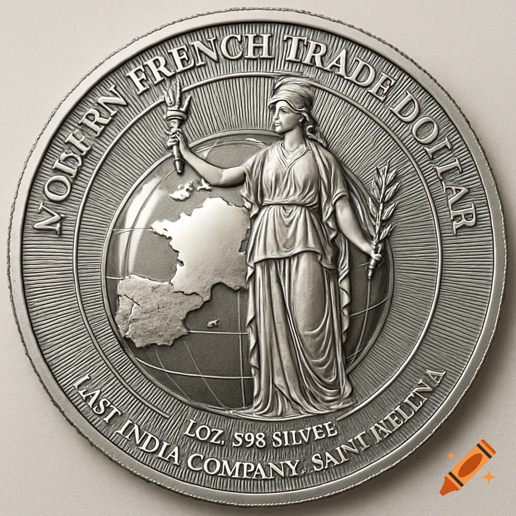 A detailed silver coin features Marianne holding a torch and olive branch in front of a globe, with inscriptions around the rim.