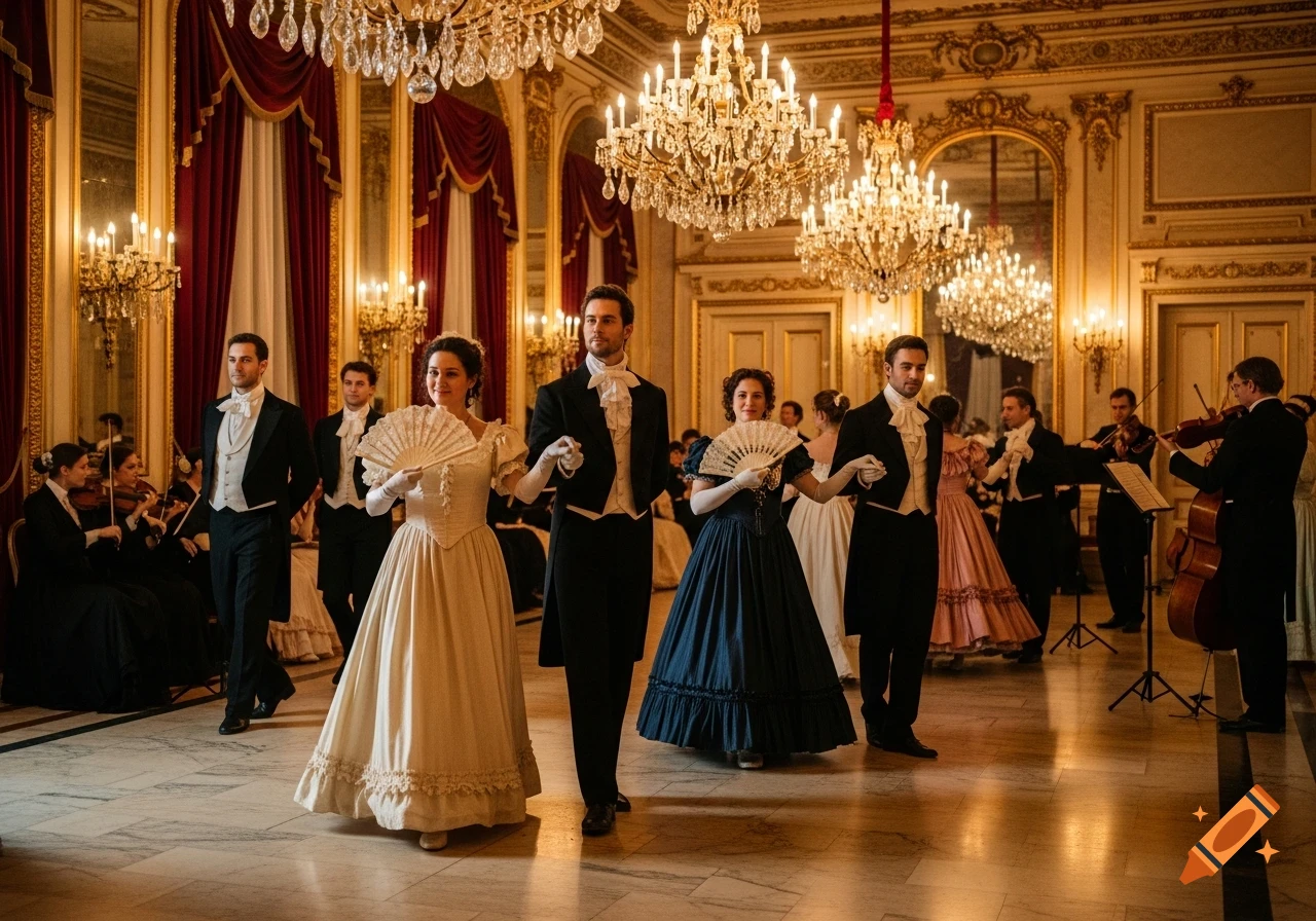 Men and women in elegant 1800s attire dance at a grand ballroom event with a live orchestra.