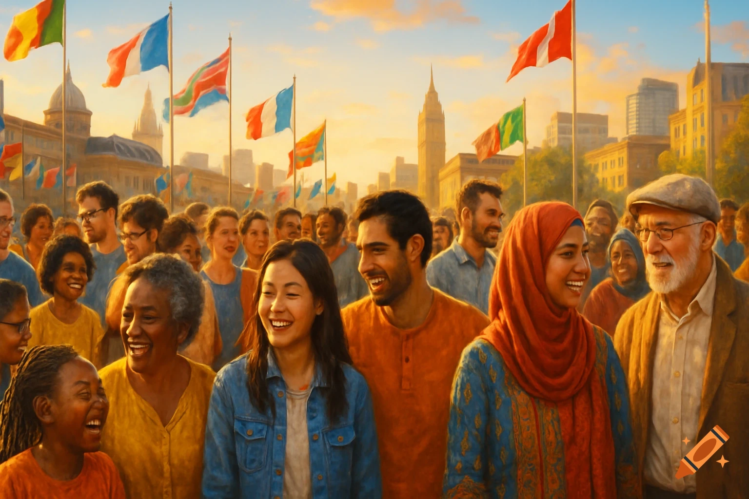 Diverse crowd of smiling people with national flags in a city at sunset, symbolizing global unity, photorealistic style.