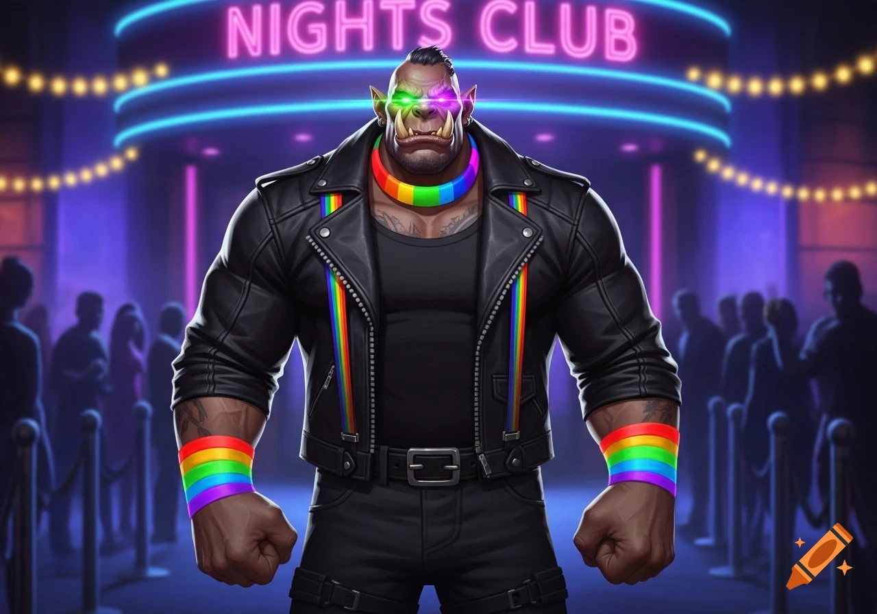 A muscular half-orc bouncer with glowing eyes and rainbow accessories stands in front of a neon-lit Nights Club.