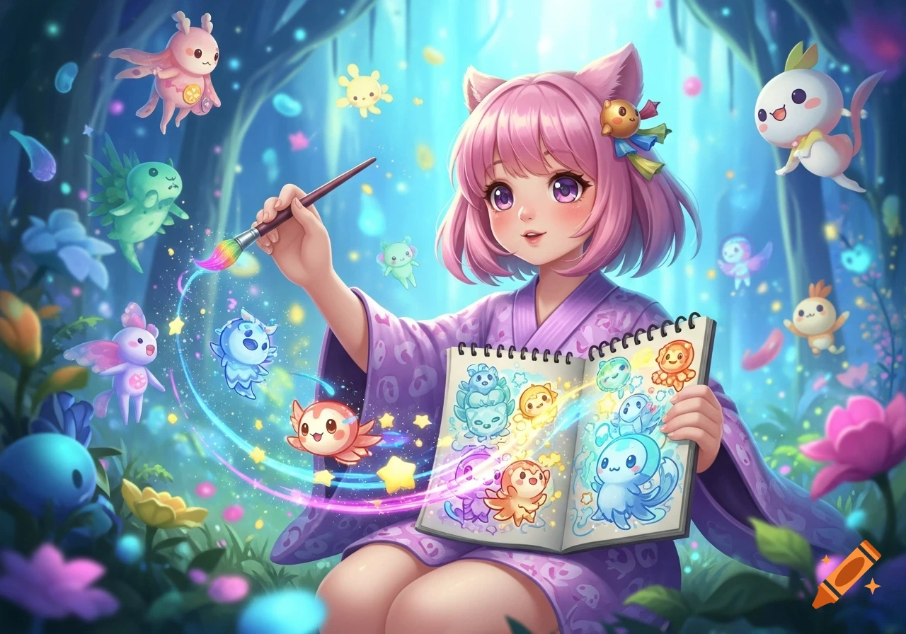 A pink-haired anime girl with cat ears in a purple kimono paints colorful, glowing fantasy creatures in a magical forest.