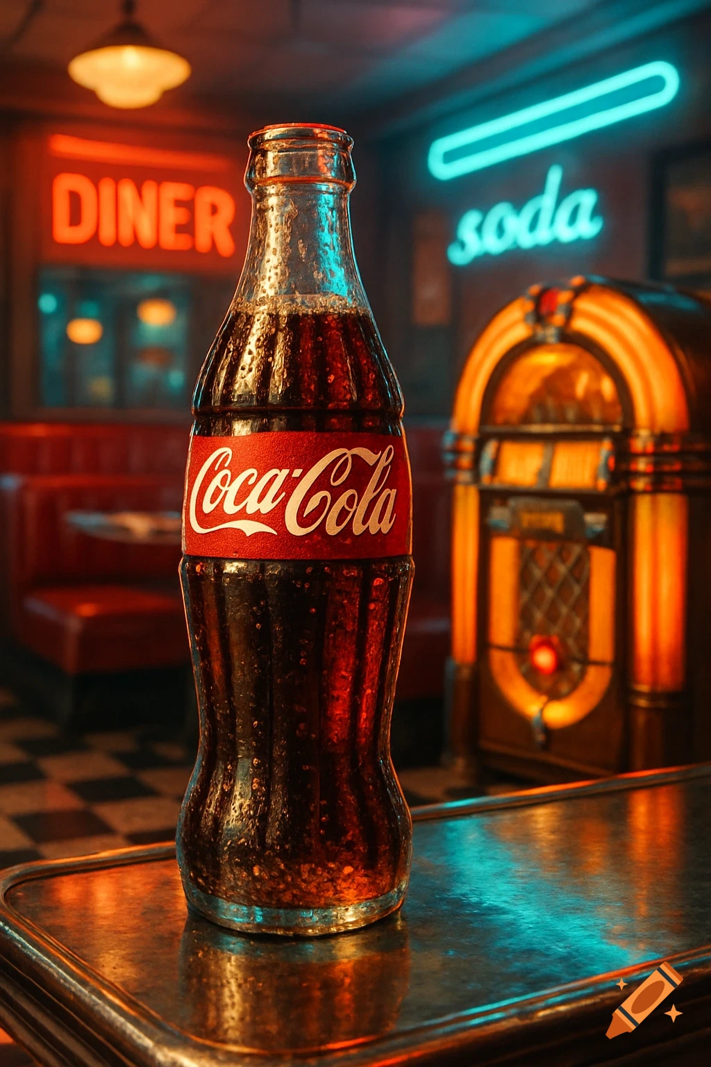 Photorealistic close-up of a Coca-Cola bottle with condensation on a counter in a neon-lit retro diner with a jukebox.