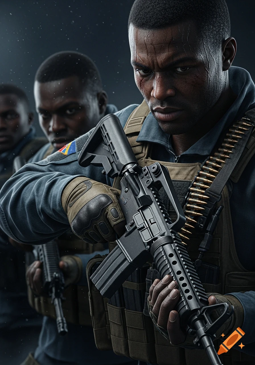 Photorealistic close-up of a determined dark-skinned soldier in tactical gear and a rifle, with two other soldiers blurred in the background.